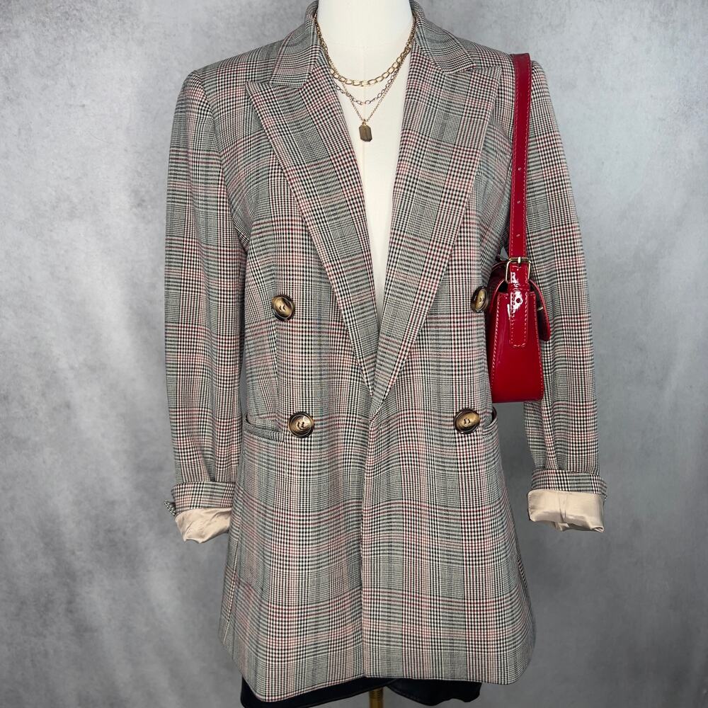 Whistles Multi Check Double-Breasted Plaid Blazer Size 6